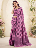 Enchanting Purple Checks Printed Linen Traditional Saree With Blouse
