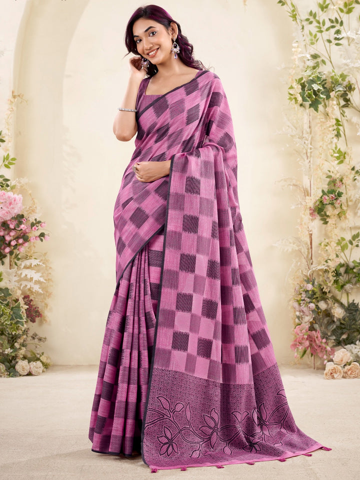 Enchanting Purple Checks Printed Linen Traditional Saree With Blouse