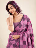 Enchanting Purple Checks Printed Linen Traditional Saree With Blouse