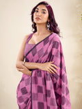 Enchanting Purple Checks Printed Linen Traditional Saree With Blouse