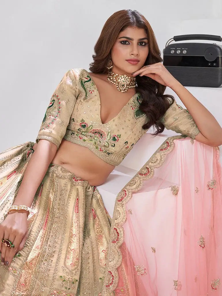 Gorgeous Beige Sequins Work Banarasi Silk Event Wear Lehenga Choli With Dupatta