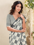 Delightful Grey Checks Printed Linen Office Wear Saree With Blouse