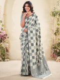 Delightful Grey Checks Printed Linen Office Wear Saree With Blouse