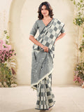 Delightful Grey Checks Printed Linen Office Wear Saree With Blouse