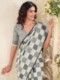 Delightful Grey Checks Printed Linen Office Wear Saree With Blouse