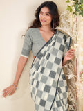 Delightful Grey Checks Printed Linen Office Wear Saree With Blouse