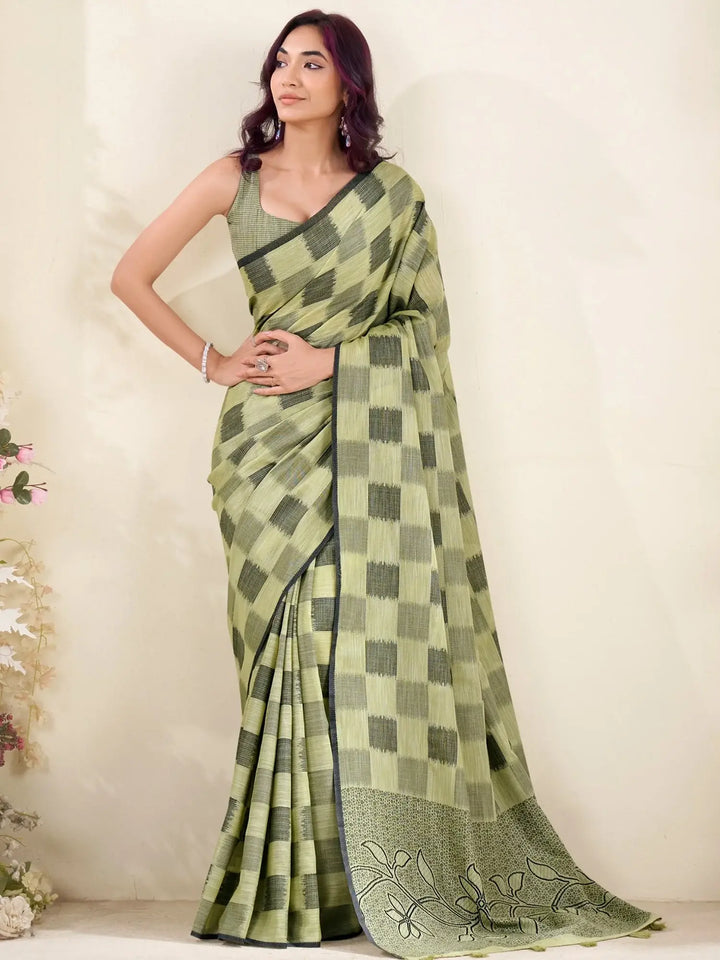 Splendid Green Digital Printed Linen Daily Wear Saree With Blouse