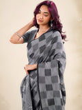 Fantastic Grey Checks Printed Linen Office Wear Saree With Blouse
