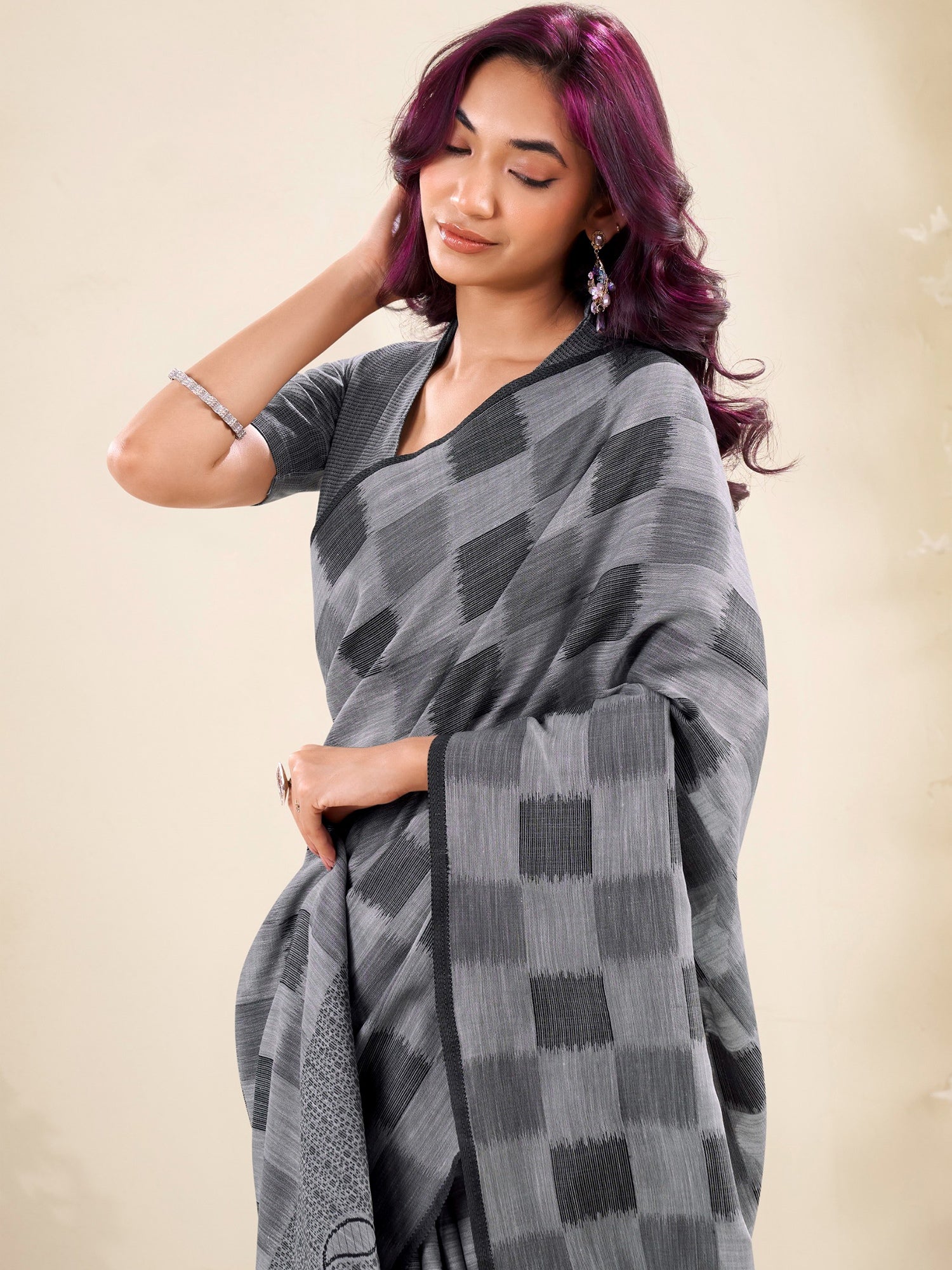 Fantastic Grey Checks Printed Linen Office Wear Saree With Blouse