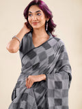 Fantastic Grey Checks Printed Linen Office Wear Saree With Blouse