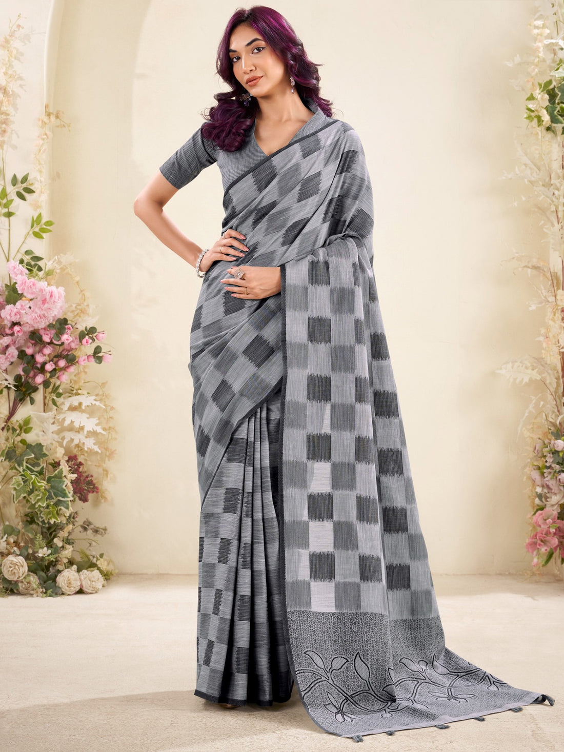 Fantastic Grey Checks Printed Linen Office Wear Saree With Blouse