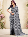 Fantastic Grey Checks Printed Linen Office Wear Saree With Blouse