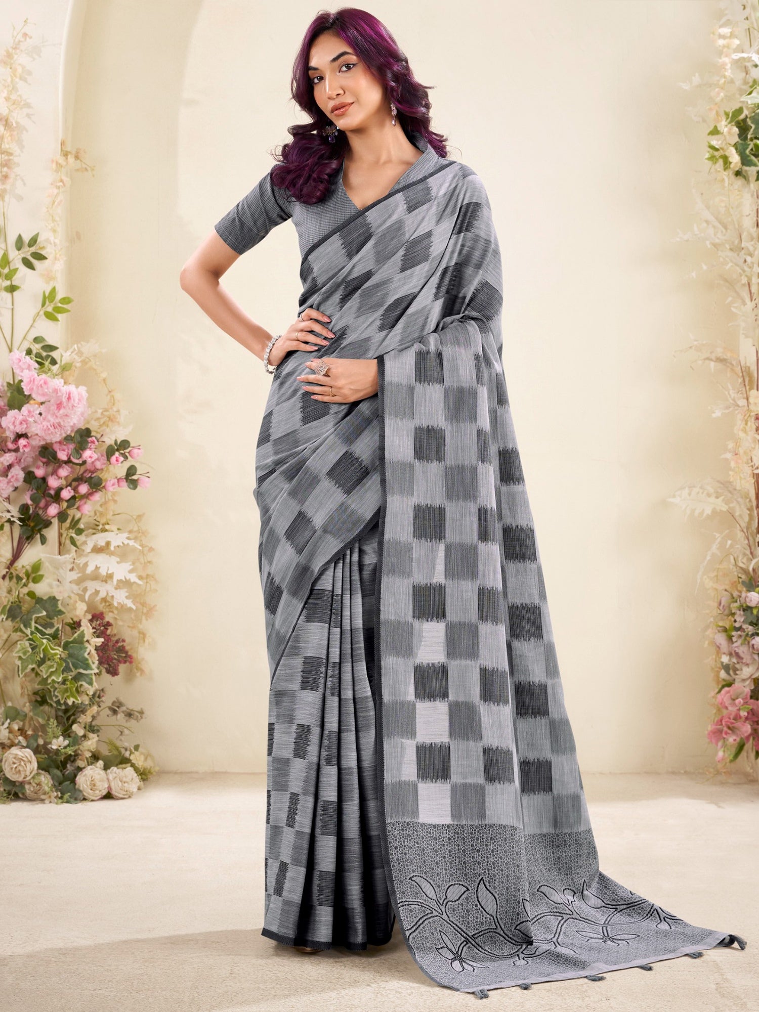 Fantastic Grey Checks Printed Linen Office Wear Saree With Blouse