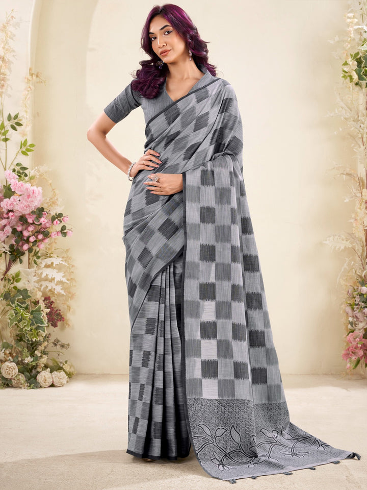 Fantastic Grey Checks Printed Linen Office Wear Saree With Blouse