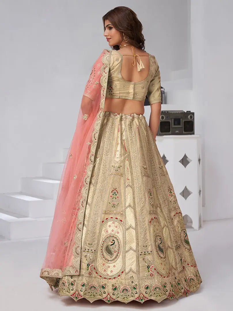 Gorgeous Beige Sequins Work Banarasi Silk Event Wear Lehenga Choli With Dupatta