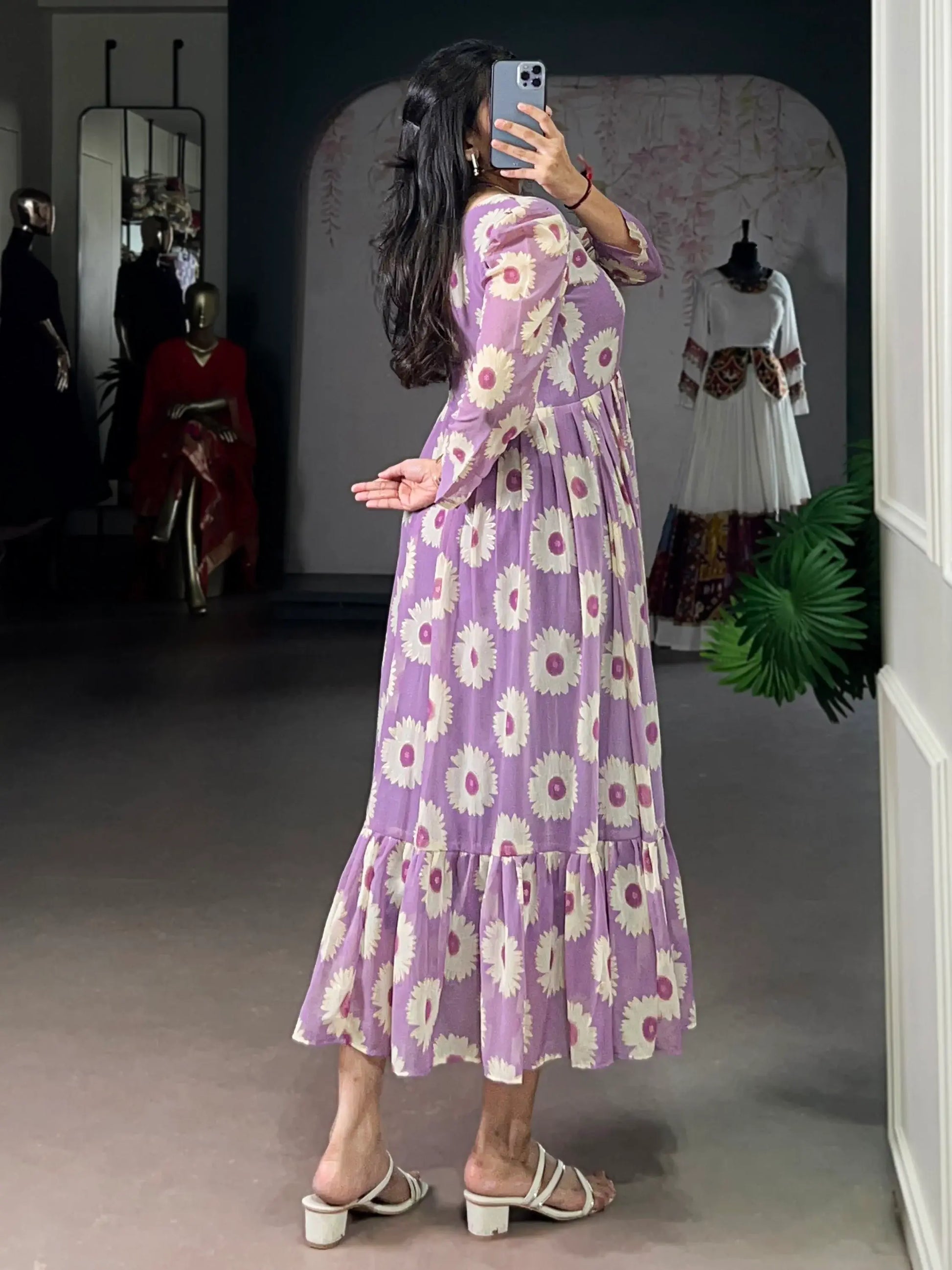 Lovable Lavender Floral Printed Georgette Western Wear Dress