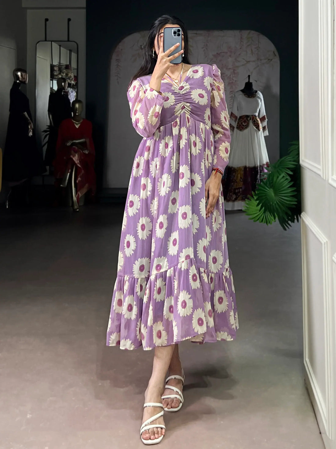 Lovable Lavender Floral Printed Georgette Western Wear Dress