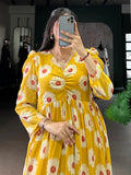 Delightful Mustard Yellow Floral Printed Georgette Daily Wear Dress