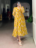 Delightful Mustard Yellow Floral Printed Georgette Daily Wear Dress