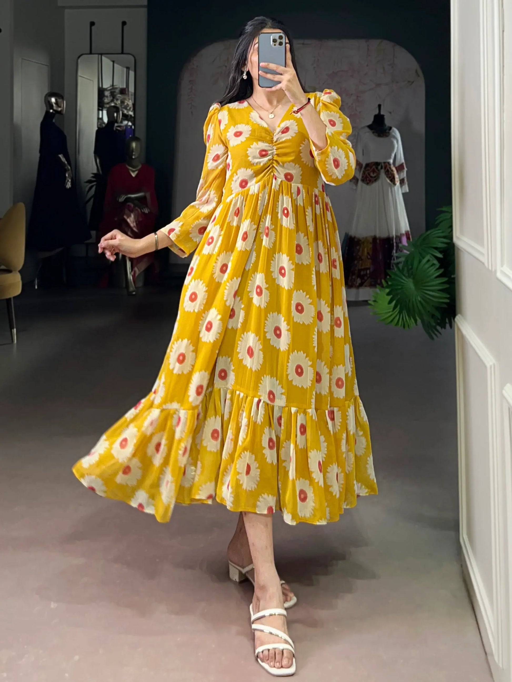 Delightful Mustard Yellow Floral Printed Georgette Daily Wear Dress