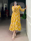 Delightful Mustard Yellow Floral Printed Georgette Daily Wear Dress