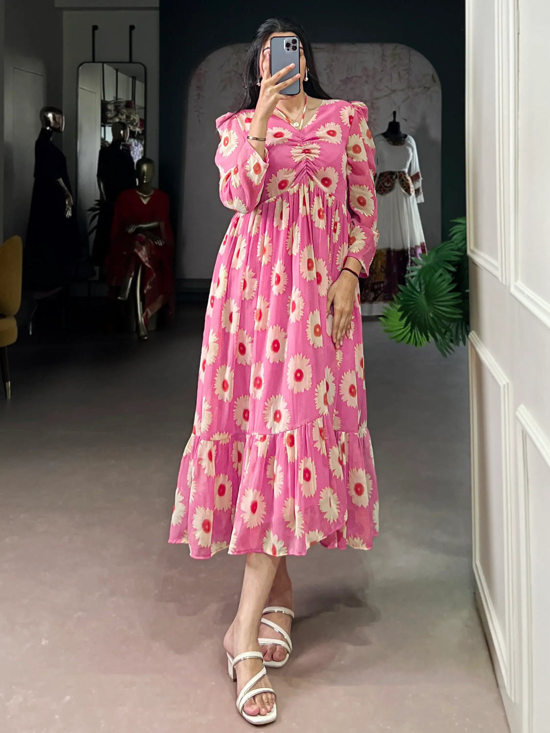 Amazeballs Pink Foil Printed Georgette Western Wear Dress