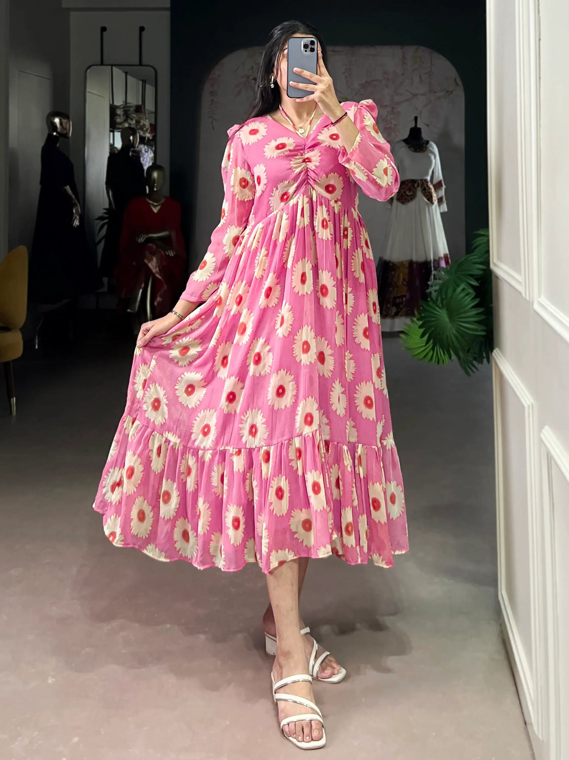 Amazeballs Pink Foil Printed Georgette Western Wear Dress