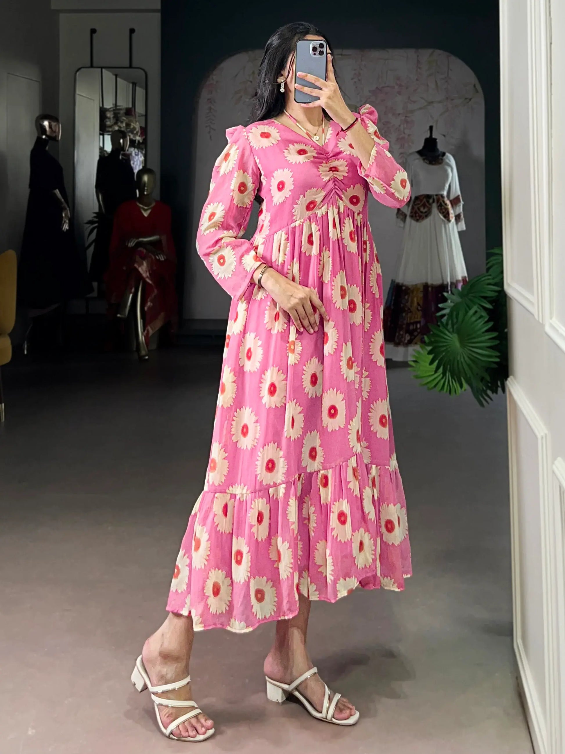 Amazeballs Pink Foil Printed Georgette Western Wear Dress