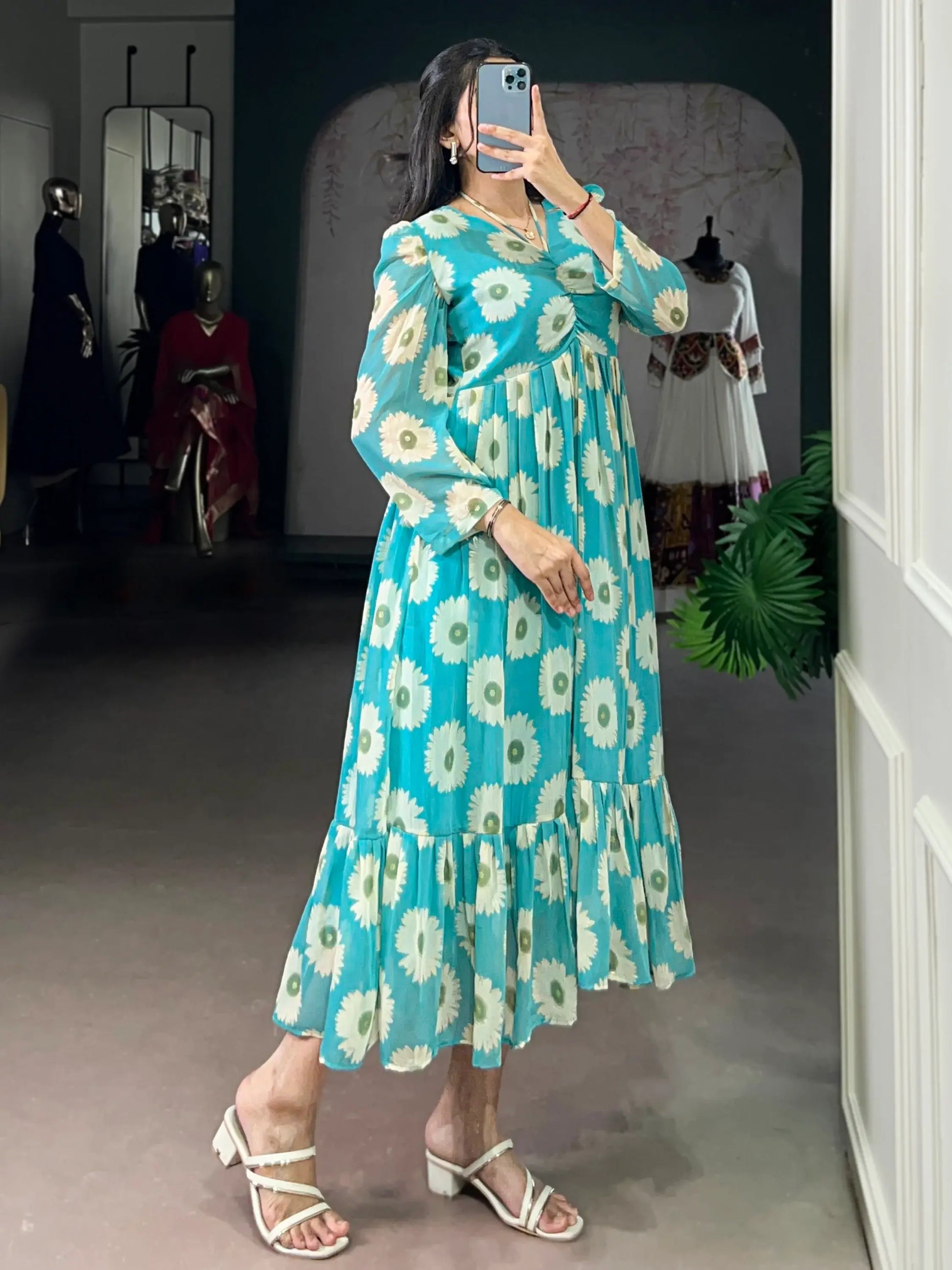 Stunning Sky Blue Foil Printed Georgette Festive Wear Dress