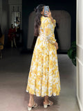 Alluring Yellow Floral Printed Georgette Casual Wear Dress
