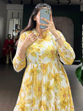 Alluring Yellow Floral Printed Georgette Casual Wear Dress
