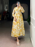 Alluring Yellow Floral Printed Georgette Casual Wear Dress