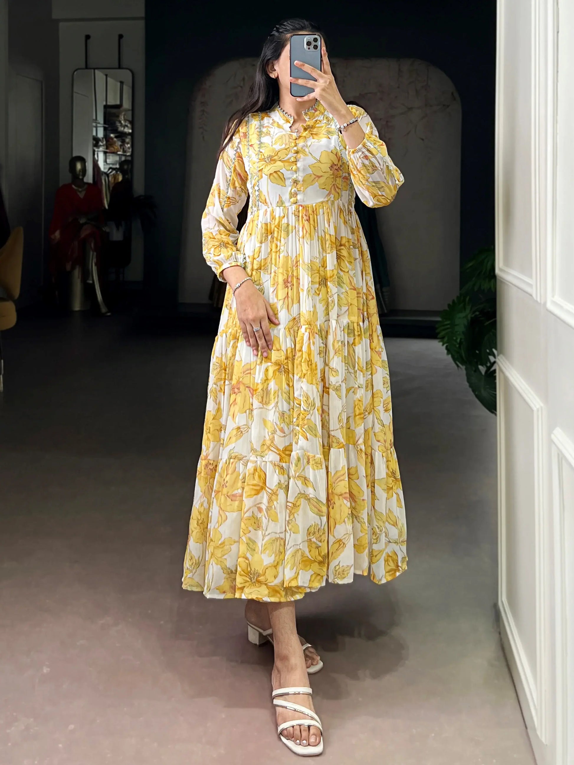 Alluring Yellow Floral Printed Georgette Casual Wear Dress