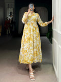 Alluring Yellow Floral Printed Georgette Casual Wear Dress