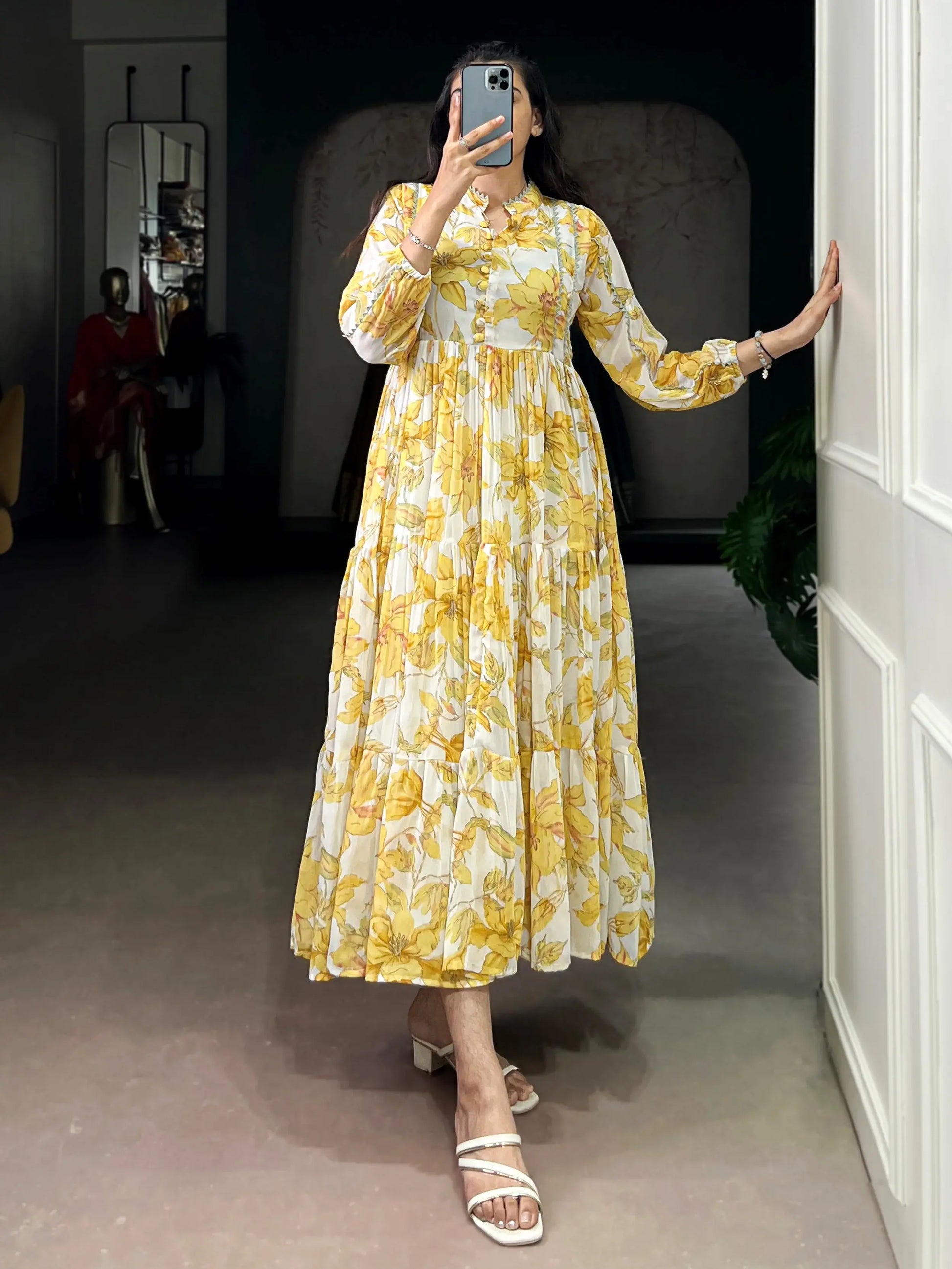 Alluring Yellow Floral Printed Georgette Casual Wear Dress