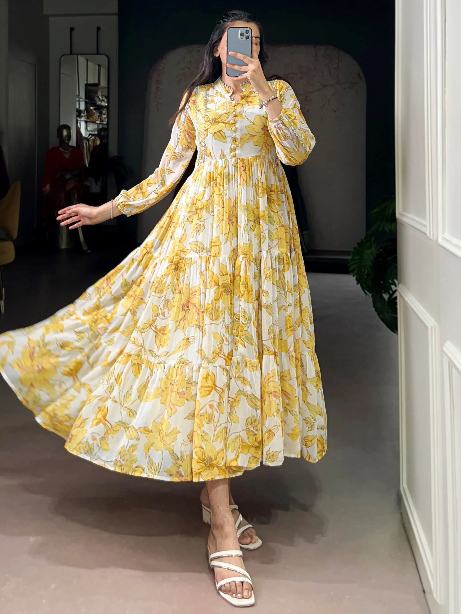 Alluring Yellow Floral Printed Georgette Casual Wear Dress