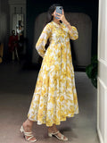 Alluring Yellow Floral Printed Georgette Casual Wear Dress