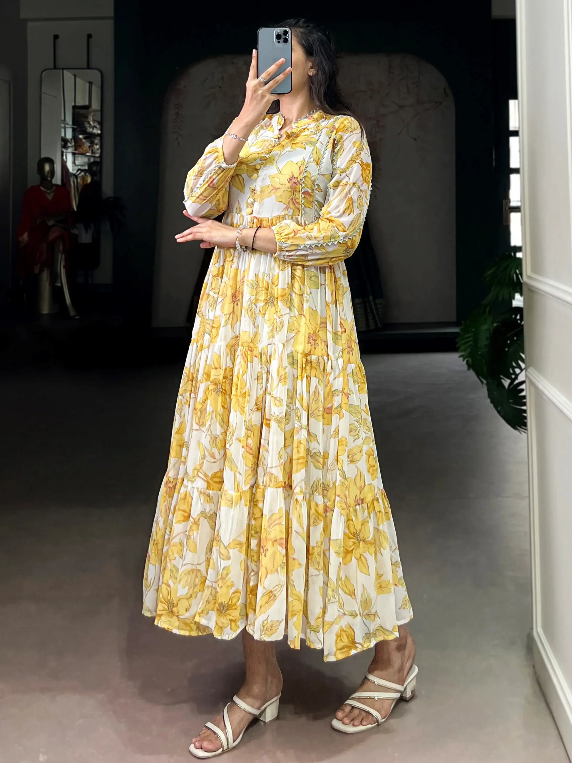 Alluring Yellow Floral Printed Georgette Casual Wear Dress