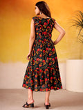 Lovely Black Floral Printed Silk Casual Wear Dress