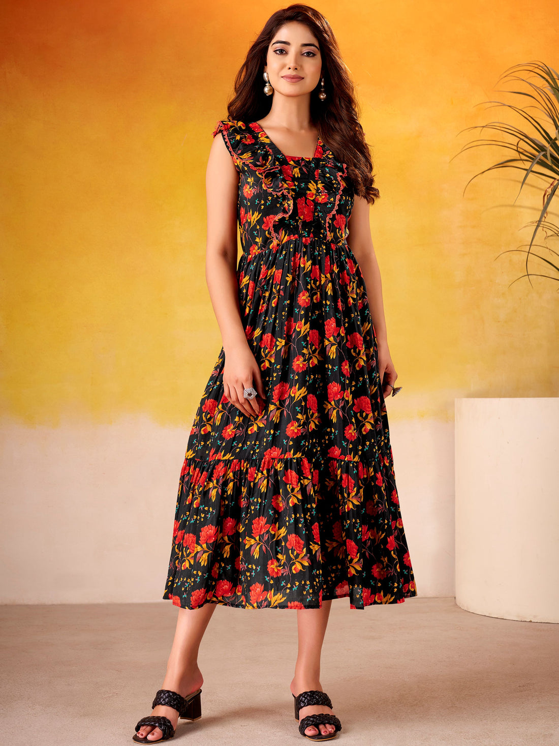 Lovely Black Floral Printed Silk Casual Wear Dress