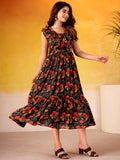 Lovely Black Floral Printed Silk Casual Wear Dress