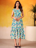 Elegant Blue Floral Printed Silk College Wear Dress