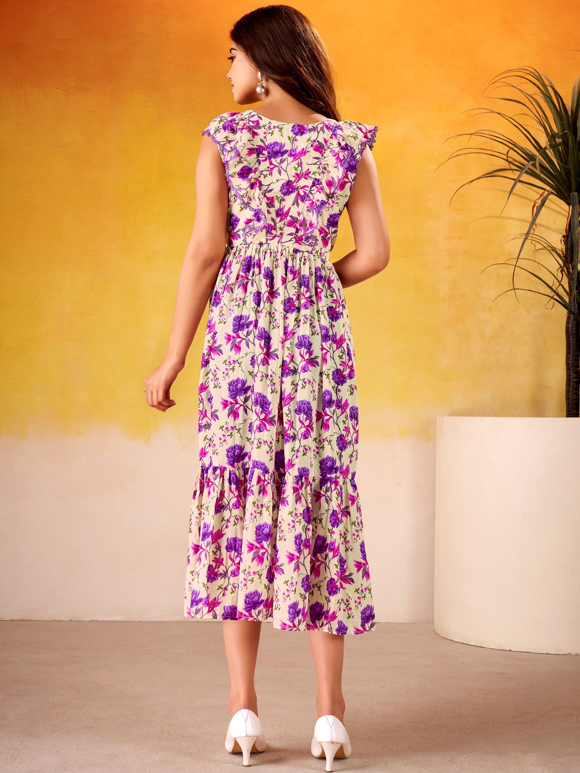 Dreamy Purple Floral Printed Silk Vacation Wear Dress