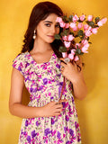 Dreamy Purple Floral Printed Silk Vacation Wear Dress
