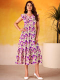 Dreamy Purple Floral Printed Silk Vacation Wear Dress