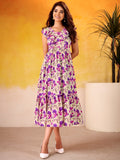 Dreamy Purple Floral Printed Silk Vacation Wear Dress
