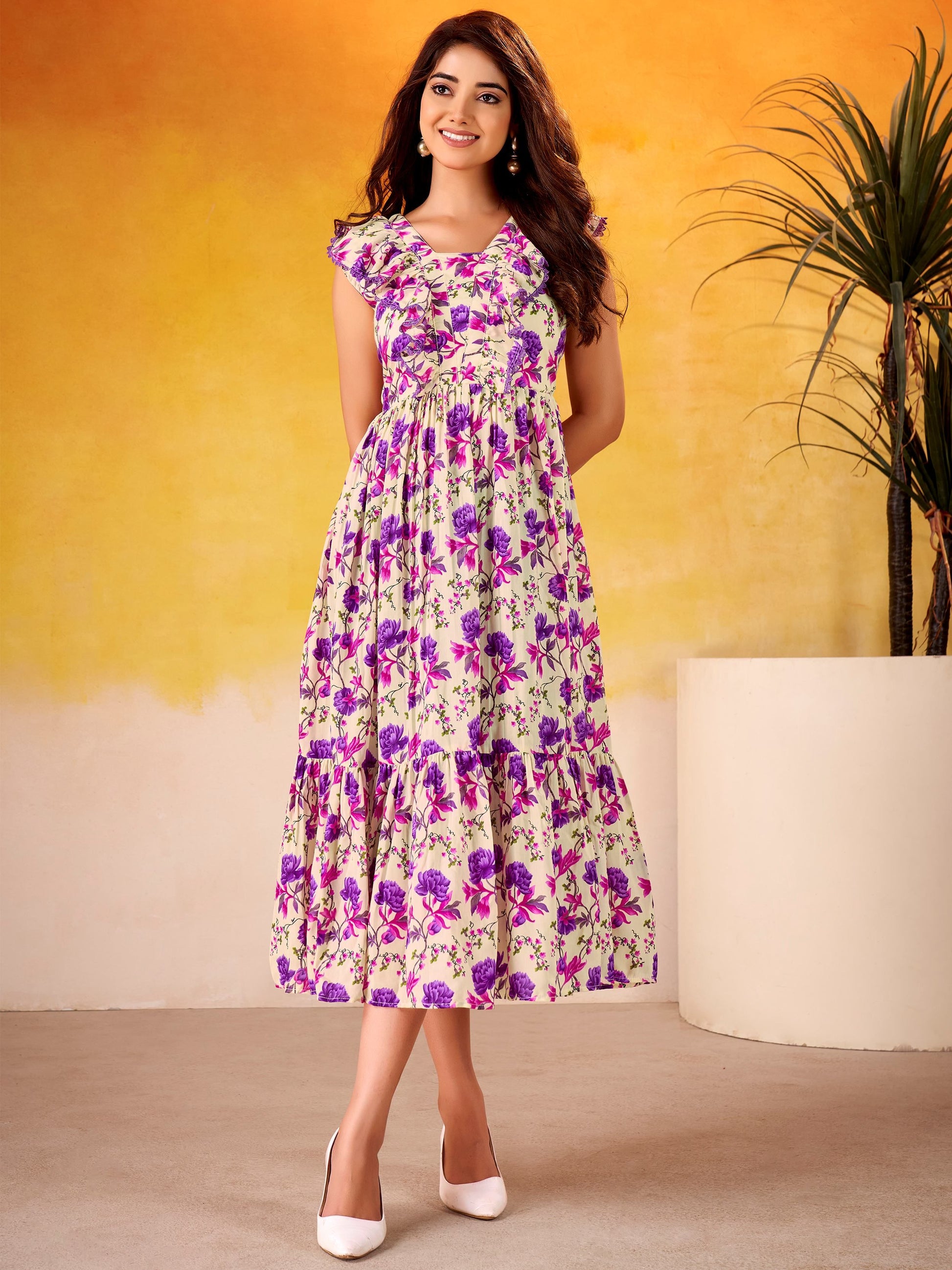 Dreamy Purple Floral Printed Silk Vacation Wear Dress