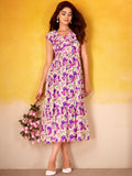 Dreamy Purple Floral Printed Silk Vacation Wear Dress