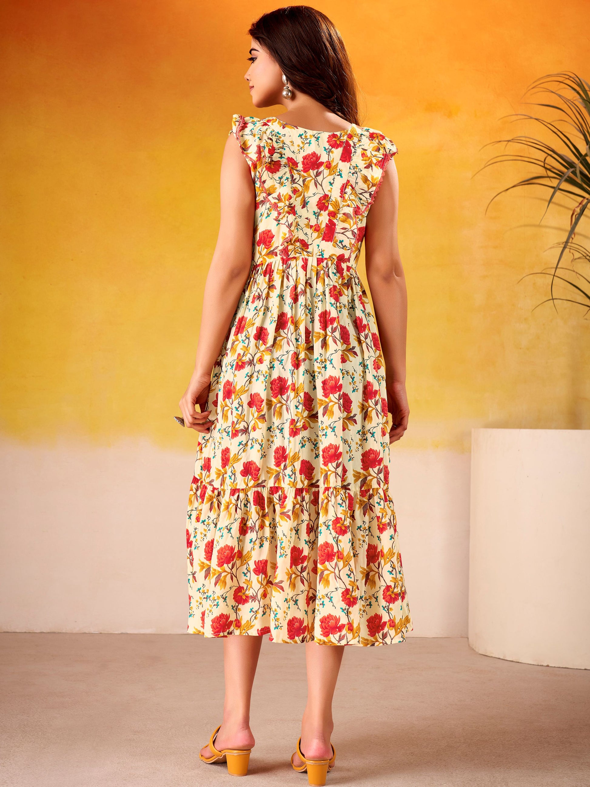 Gorgeous Red Floral Printed Silk Day Functions Wear Dress