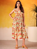 Gorgeous Red Floral Printed Silk Day Functions Wear Dress